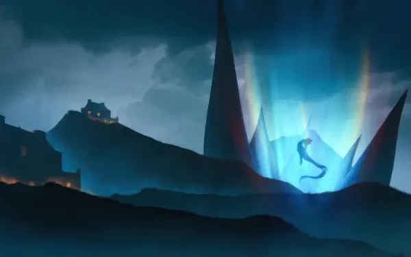 4K Ultra HD PC desktop wallpaper: a glowing mermaid silhouetted in shafts of light beneath a dramatic sky over misty coastal spires.