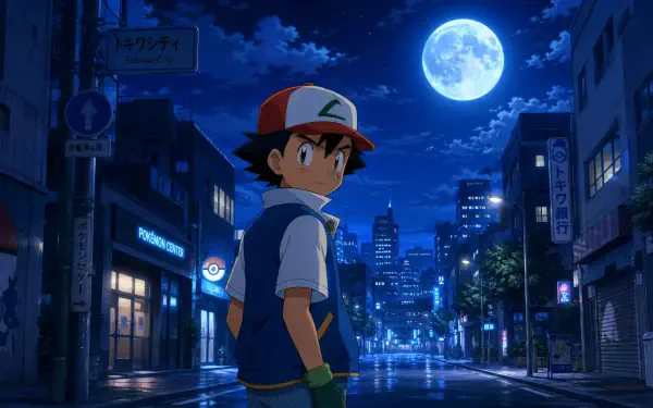 Ash Ketchum from Pokémon stands on a rain-slick city street under a full moon — anime 4K Ultra HD PC desktop wallpaper and background.