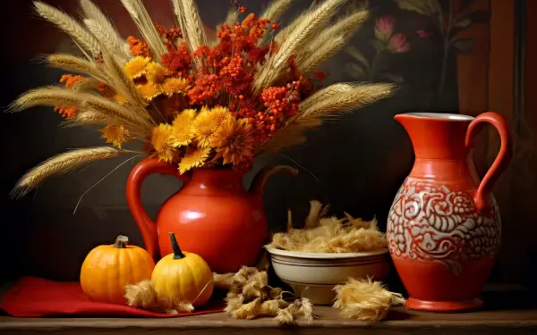 5K Ultra HD PC desktop wallpaper: autumn still life with a fall bouquet in an orange vase, patterned pitcher, pumpkins and dried grasses on a rustic tabletop.