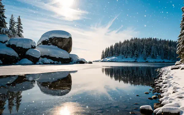 4K Ultra HD PC desktop wallpaper showcasing winter serenity: a snow-covered forest and boulders mirrored on a glassy lake beneath a bright, clear sky.