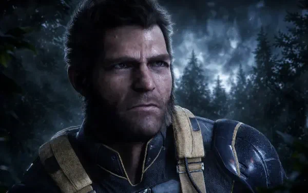 4K Ultra HD PC wallpaper of Marvel's Wolverine — a rugged X-Men soldier in tactical armor, stern face against a moonlit forest backdrop.