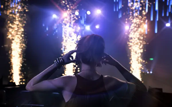 Until Dawn concert wallpaper, silhouetted performer on stage with pyrotechnics and blue-purple lights, 4K Ultra HD PC desktop background.