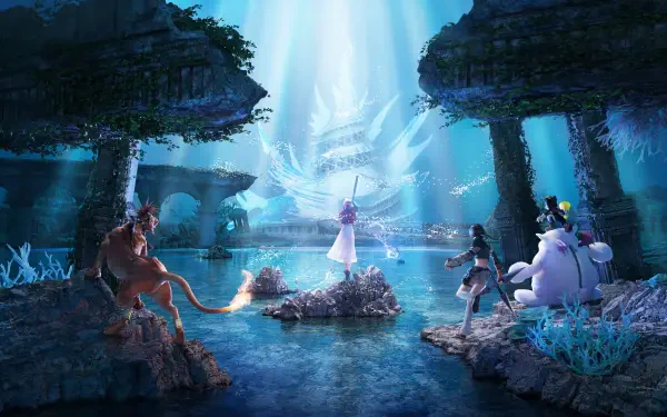 4K Ultra HD Final Fantasy wallpaper: Aerith stands at a glowing altar bathed in blue light while Yuffie Kisaragi, Red XIII and allies watch amid glowing ruins and shimmering water.
