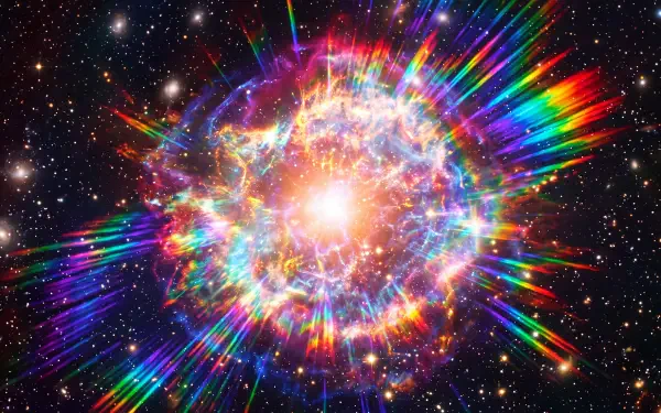 Colorful supernova explosion radiating rainbow beams across deep space — 5K Ultra HD PC desktop wallpaper and background.