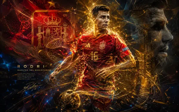 4K Ultra HD PC desktop wallpaper of a Spanish soccer midfielder in a red Spain kit, surrounded by fiery golden effects and the national crest — intense sports action portrait