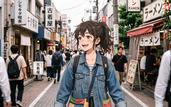 Smiling anime girl in a denim jacket walking down a bustling Japanese street — vibrant 5K Ultra HD PC desktop wallpaper/background.