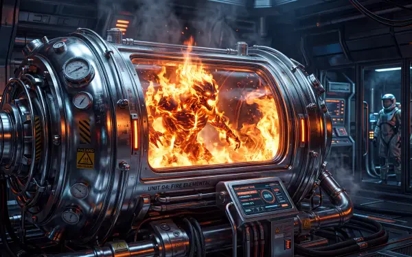 5K Ultra HD PC desktop wallpaper and background of a fire elemental bursting in an explosion inside a steel containment machine in a sci-fi lab.
