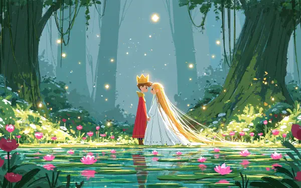 Fantasy royalty love 2K Quad HD PC wallpaper of a crowned prince and princess embracing in an enchanted forest pond, surrounded by glowing fireflies and pink lotus blossoms.