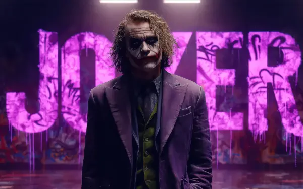Dark 2K Quad HD PC desktop wallpaper of the Joker grinning menacingly under neon lights, standing before a graffiti-splashed wall with JOKER glowing in purple.