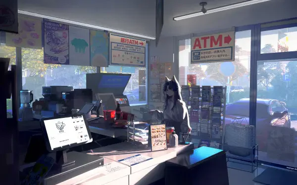 4K Ultra HD PC desktop wallpaper and background: Digital Art of an anime girl behind a sunlit convenience store counter, ATM sign in the window, soft painterly light.