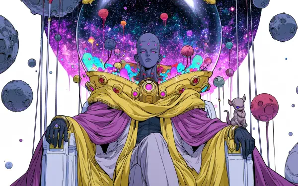 Sci‑fi alien emperor villain seated on an ornate throne, purple‑gold robes and a glass bubble helmet, cosmic nebula and floating planets behind — 2K Quad HD PC desktop wallpaper and background.