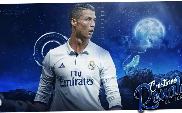 2K Quad HD PC wallpaper showing a male Real Madrid C.F. footballer in a white Fly Emirates kit against a blue cosmic landscape with moon, mountains, and stylized signature text.