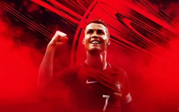 HD PC desktop wallpaper of a triumphant soccer forward in a red #7 jersey, fist raised amid dynamic red streaks and smoke — sports-themed background.