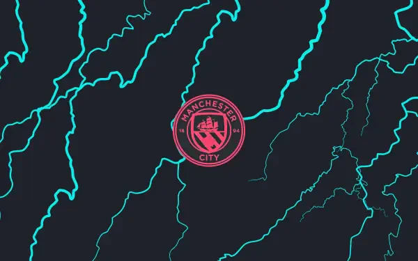 2K Quad HD PC desktop wallpaper showing the Manchester City F.C. pink crest centered on a dark background with turquoise, lightning-like streaks.