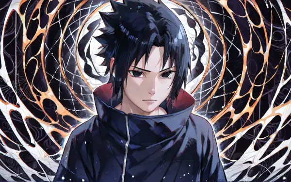 Sasuke Uchiha from Naruto, serious expression before a swirling Sharingan-inspired backdrop — 4K Ultra HD PC desktop wallpaper/background.