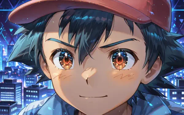 Close-up anime portrait of Ash Ketchum (Pokémon) with determined smile, glowing amber eyes and neon city backdrop — 4K Ultra HD PC desktop wallpaper/background.