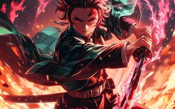 Tanjiro Kamado from Demon Slayer in a fierce battle stance, flaming blade drawn amid swirling embers and wind — vibrant anime 4K Ultra HD PC desktop wallpaper and background.