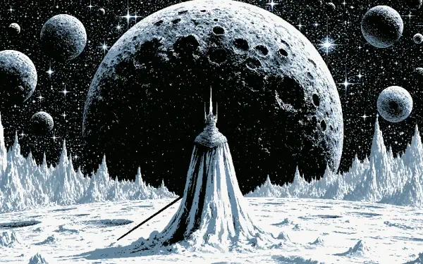 Sci‑Fi 2K Quad HD PC wallpaper: a cloaked king with a sword stands on an icy moon, jagged spires ring the horizon while multiple planets and moons loom in a starry space sky.