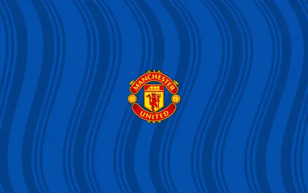Manchester United F.C. crest centered on a blue wavy striped background — 2K Quad HD PC desktop wallpaper.