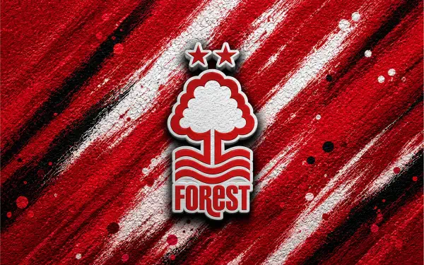 Nottingham Forest F.C. logo with two-star tree crest centered on red-and-white brushed streaks — 4K Ultra HD PC desktop wallpaper background.
