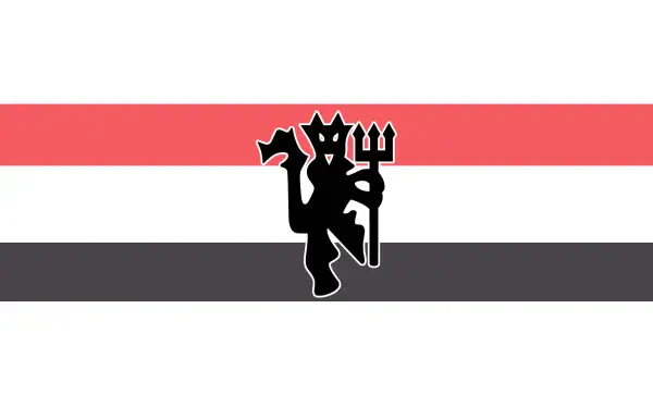 Manchester United F.C. black devil logo centered on horizontal red, white and dark gray stripes - 2K Quad HD PC desktop wallpaper and background.