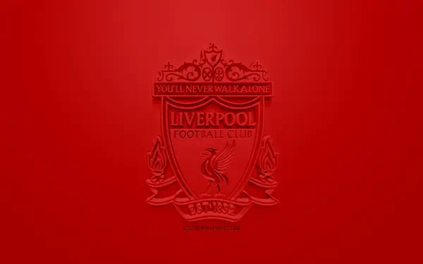 Liverpool F.C. logo embossed in deep red at center of a solid red 2K Quad HD PC desktop wallpaper.