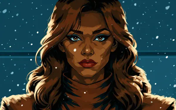 Close-up stylized portrait of a confident woman with flowing brown hair and blue eyes against a snowy teal backdrop, 4K Ultra HD PC desktop wallpaper.