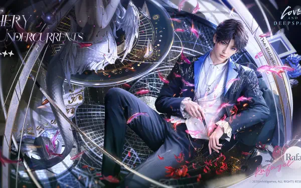 4K Ultra HD anime desktop wallpaper of Rafayel: a suited man floating in deepspace amid rose petals, neon circuitry and romantic Love and Deepspace motifs.