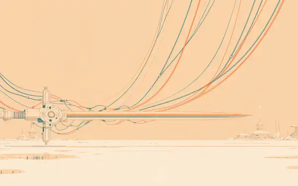 Abstract technology 4K Ultra HD PC desktop wallpaper depicting a sleek energy sword with flowing circuit-like cables over a minimalist beige background.