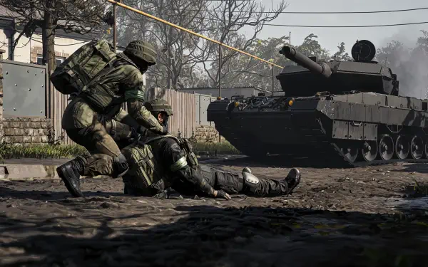 WARDOGS Team17 4K PC wallpaper: military combat scene of soldiers aiding a wounded comrade beside an armored tank in a muddy, war-torn urban landscape.