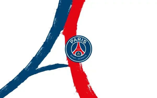 Paris Saint-Germain F.C. logo on a white background with a blue and red brush‑stroke A motif — 2K Quad HD PC desktop wallpaper/background