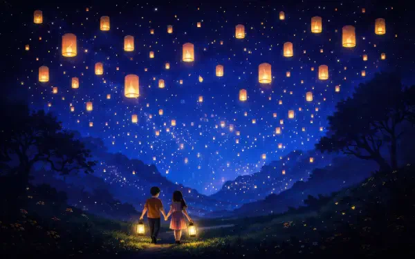 4K Ultra HD PC desktop wallpaper: Columbina (Genshin Impact) and a companion sit in a meadow holding lanterns beneath a star-filled sky dotted with floating sky lanterns.