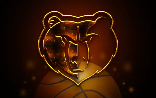 Gold-glow Memphis Grizzlies bear logo over a basketball, warm amber lighting — 4K Ultra HD NBA PC desktop wallpaper and background.