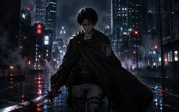 4K Ultra HD PC desktop wallpaper: anime depiction of Levi Ackerman striding through a rain-soaked neon city at night, cape billowing, blade drawn, reflections on wet streets.