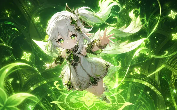 Nahida (Genshin Impact) anime character floating amid glowing green Dendro motifs and fluttering butterflies, wearing white-green robes — vibrant 4K Ultra HD PC desktop wallpaper/background.