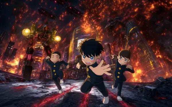 Thunder 3 Sanda anime scene: three schoolboys sprinting through a fiery, ruined city with sparks and burning skyline — 4K Ultra HD PC desktop wallpaper background.