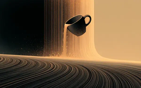 Abstract Espresso Fall 2K Quad HD PC desktop wallpaper: a mug pouring espresso like a golden waterfall over a rippled, surreal landscape.