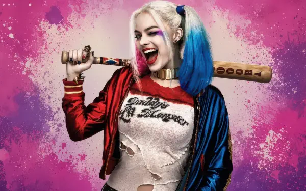 Vibrant digital art of Harley Quinn in red and blue jacket, blue and pink pigtails, laughing and holding a baseball bat against a pink splatter backdrop — 4K Ultra HD PC desktop wallpaper/background.