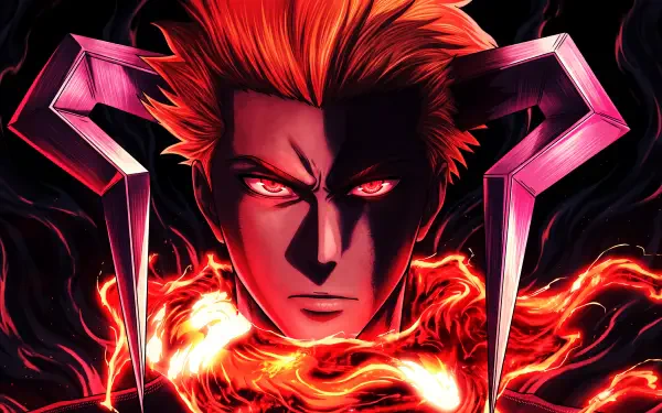 5K Ultra HD anime wallpaper: Ichigo Kurosaki from Bleach: Thousand-Year Blood War with bankai unleashed, glowing red eyes and swirling fiery aura.