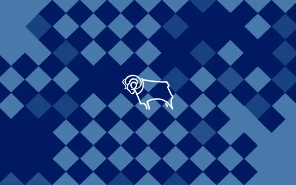 Derby County F.C. white ram logo centered on a blue geometric diamond pattern — 2K Quad HD PC desktop wallpaper/background.