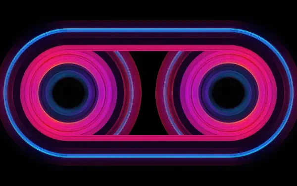 Abstract neon dual-ring glowing design in pink and blue on black — 4K Ultra HD PC desktop wallpaper/background.