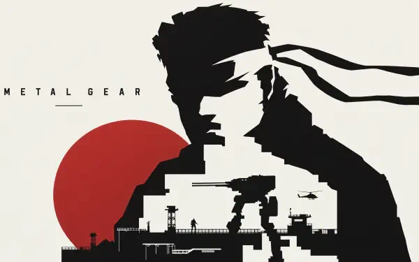 Metal Gear video game 4K Ultra HD PC wallpaper: silhouette of a soldier with a flowing bandana, layered with an industrial base and a walking mecha against a red sun.