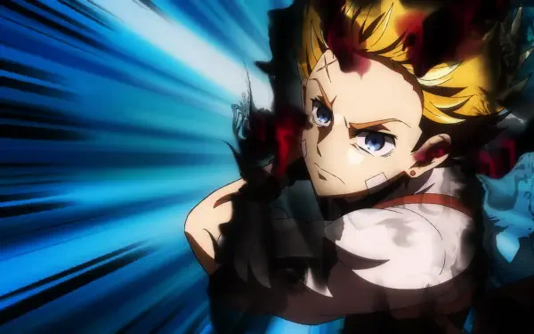 HD PC desktop wallpaper: The Vermilion Mask — anime girl with blond hair and blue eyes firing a gun amid streaking blue motion lines.