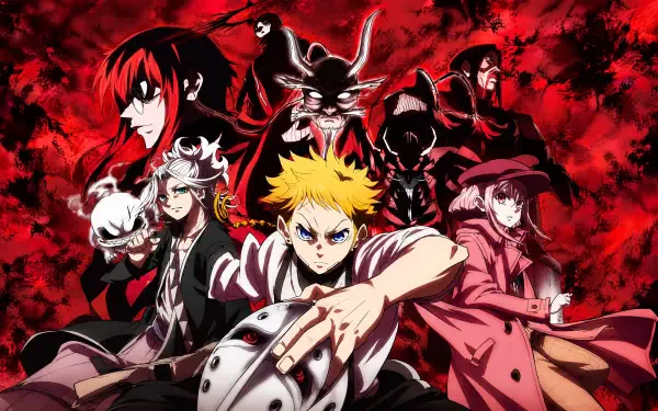The Vermilion Mask anime/manga 4K Ultra HD PC desktop wallpaper and background: intense ensemble—blond hero in front of masked villains on a blood-red, smoky backdrop.