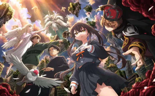4K Ultra HD PC desktop wallpaper of Sasaki and Peeps (anime), showing Sasaki in a school uniform with Peeps and allies amid glowing skies, floating islands, and blooming roses.