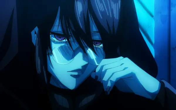 Blue-lit close-up of a dark-haired anime figure from The Vermilion Mask, intense eyes and hand at face — 4K Ultra HD PC desktop wallpaper.