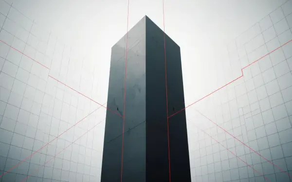 HD PC desktop wallpaper: a minimalist dark skyscraper tower rising into a pale sky, framed by faint red grid lines.