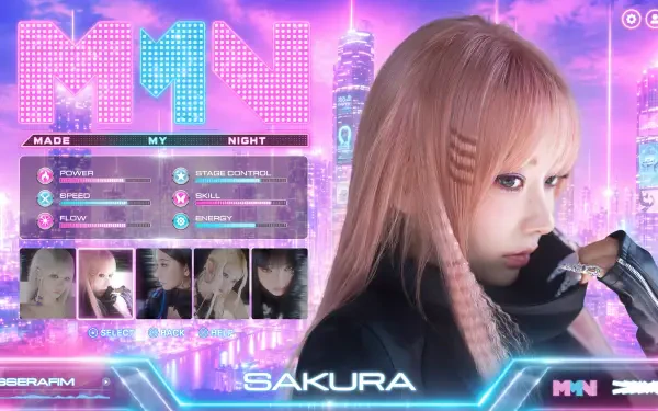 5K Ultra HD PC wallpaper: female K-pop idol portrait in a neon cyberpunk city, Overwatch 2–style HUD overlay, MNN title, profile thumbnails and futuristic UI elements.