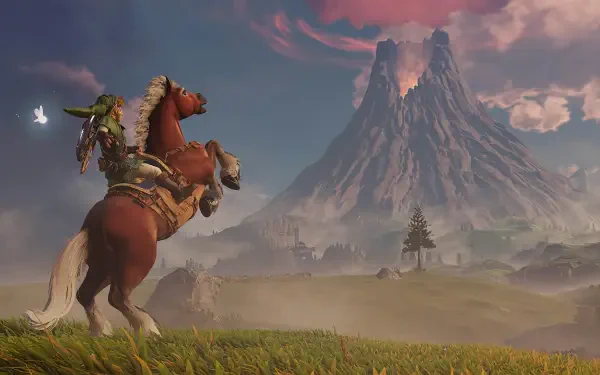 4K Ultra HD PC desktop wallpaper: The Legend of Zelda: Ocarina of Time Remake game art showing Link on horseback overlooking a misty valley toward a looming volcano at sunset.
