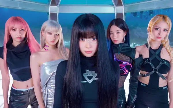 5K Ultra HD PC desktop wallpaper and background: five women in dark futuristic outfits standing in a neon teal sci‑fi corridor, central figure with long black hair and blunt bangs.